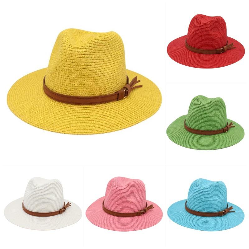Bucket Hat Straw - Chapeau Panama Printemps-Été avec ceinture jaune,